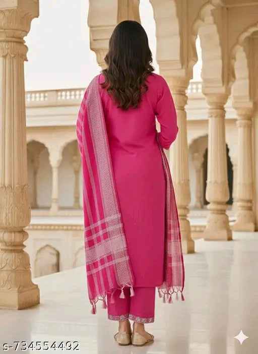 Handmade Haven Women's Cotton Kurti Set with Dupatta & Pant – Pink Party Wear