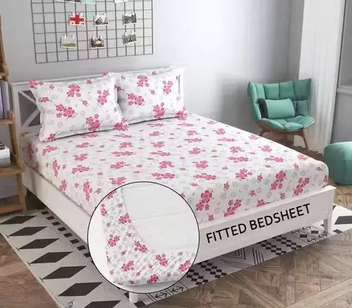 Floral Cotton Fitted Bedsheet – King Size with 2 Pillow Covers