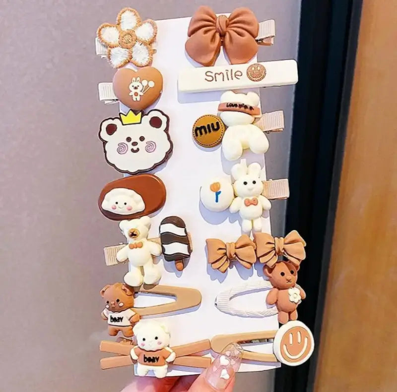 14 Pc Teddy Bow Hair Clips – Small Multicolor Rubber Clips