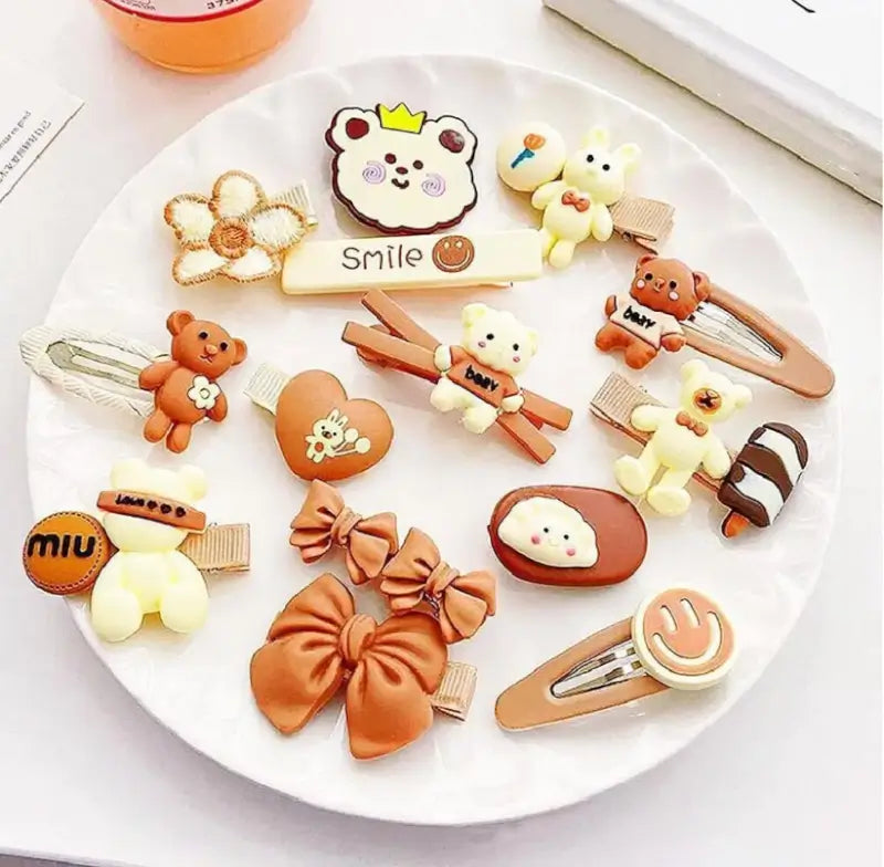 14 Pc Teddy Bow Hair Clips – Small Multicolor Rubber Clips