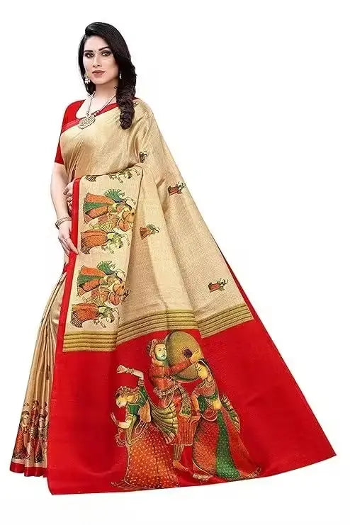 Women's Designer Art Silk Printed Saree with Separate Blouse Piece – Free Size, Elegant Party & Wedding Wear - Handmade Haven