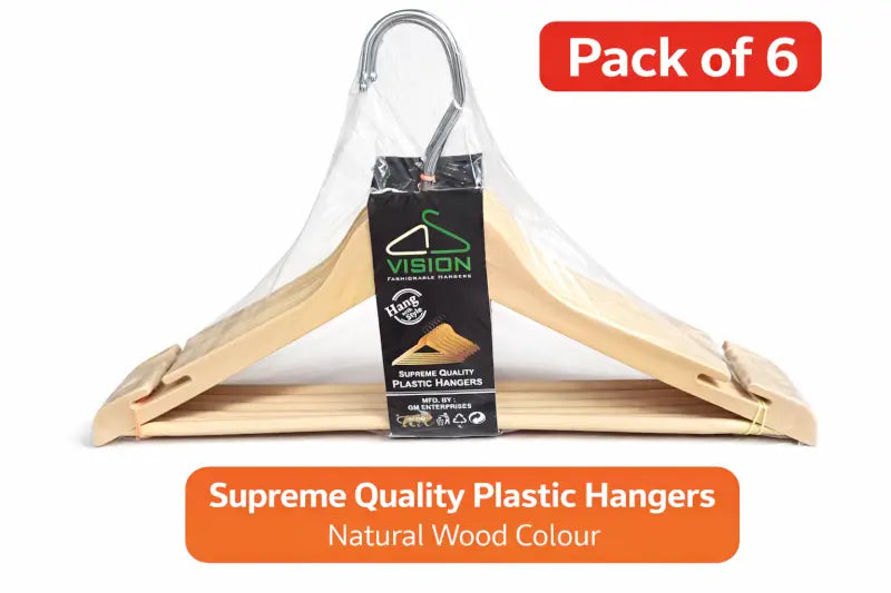 Pack of 6 Wooden Look Hangers | Strong Plastic Clothes Hangers | Space Saving Slim Design Non-Slip Wardrobe Organizer