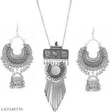 Fashionable Earring & Necklace Set – Silver Oxidised Mirror Work Jhumka Earrings for Women & Girls - Handmade Haven