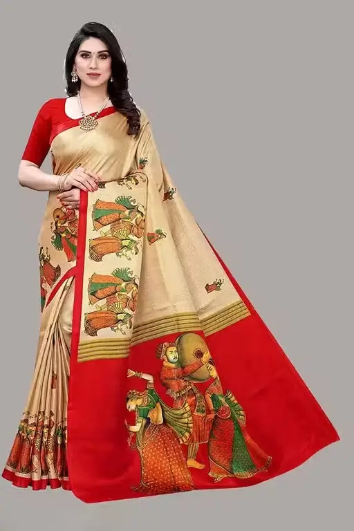 Women's Designer Art Silk Printed Saree with Separate Blouse Piece – Free Size, Elegant Party & Wedding Wear - Handmade Haven