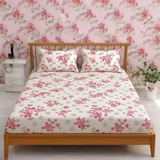 Floral Cotton Fitted Bedsheet – King Size with 2 Pillow Covers