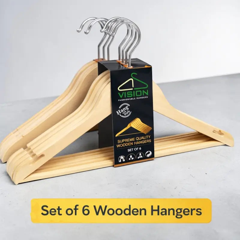 Pack of 6 Wooden Look Hangers | Strong Plastic Clothes Hangers | Space Saving Slim Design Non-Slip Wardrobe Organizer