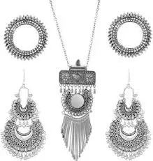 Fashionable Earring & Necklace Set – Silver Oxidised Mirror Work Jhumka Earrings for Women & Girls - Handmade Haven