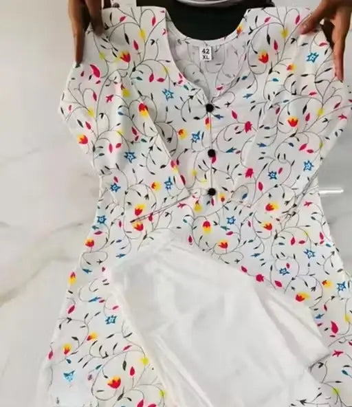 Women’s Cotton Kurta Set – White Printed Kurta with Pant & Dupatta (XXS to XXXL) - Handmade Haven
