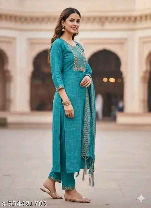 Women Blue Embroidered Cotton Kurta Pant with Dupatta Set