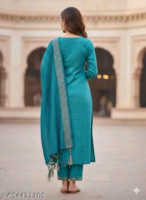 Women Blue Embroidered Cotton Kurta Pant with Dupatta Set