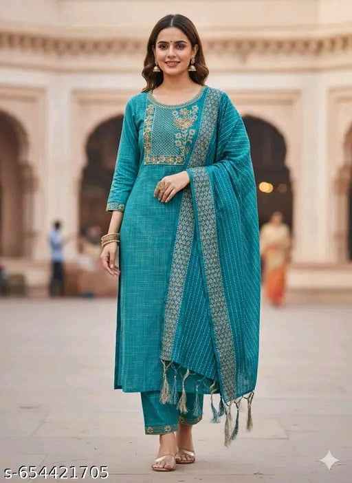 Women Blue Embroidered Cotton Kurta Pant with Dupatta Set