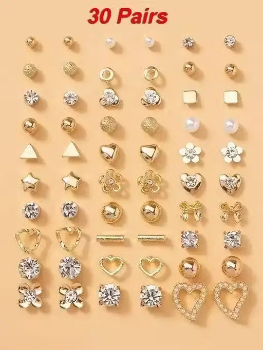 RARE 1 Gold Plated Multicolor Pearl and AD Studs Combo - 30 Pairs of Elegant Earrings