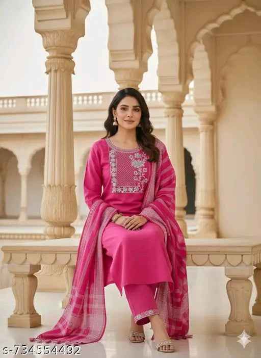 Handmade Haven Women's Cotton Kurti Set with Dupatta & Pant – Pink Party Wear