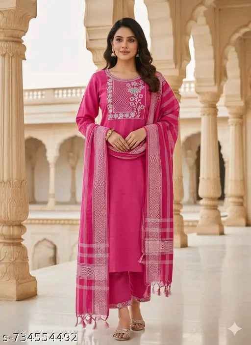 Handmade Haven Women's Cotton Kurti Set with Dupatta & Pant – Pink Party Wear