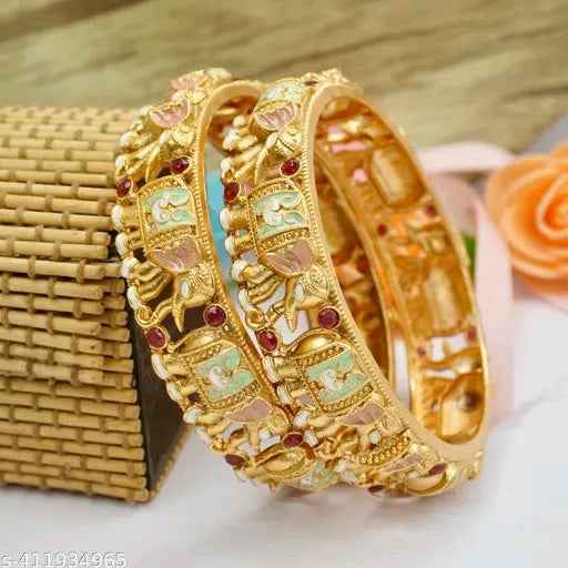 Elephant Designer Meena Bangles - Mint Meenakari & Ruby Stone (Set of 2)