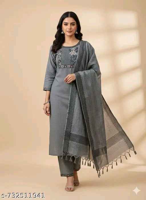 Stylish Grey Cotton Kurti Set