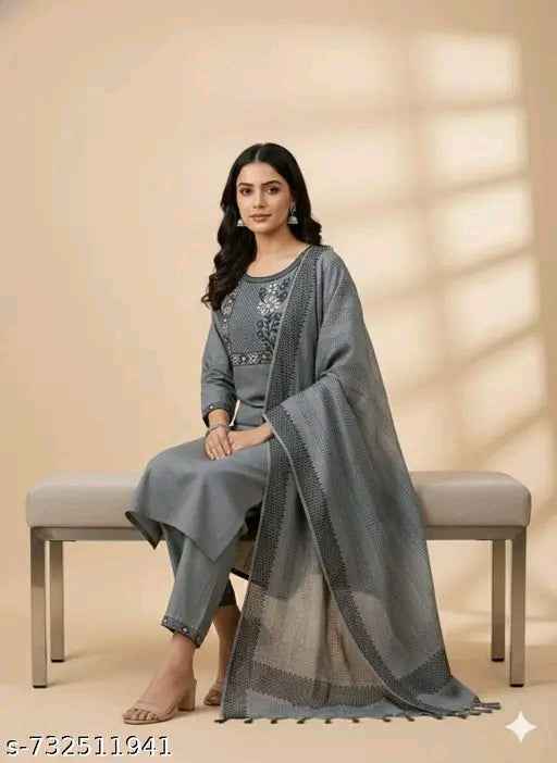 Stylish Grey Cotton Kurti Set