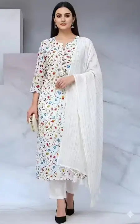 Women’s Cotton Kurta Set – White Printed Kurta with Pant & Dupatta (XXS to XXXL) - Handmade Haven