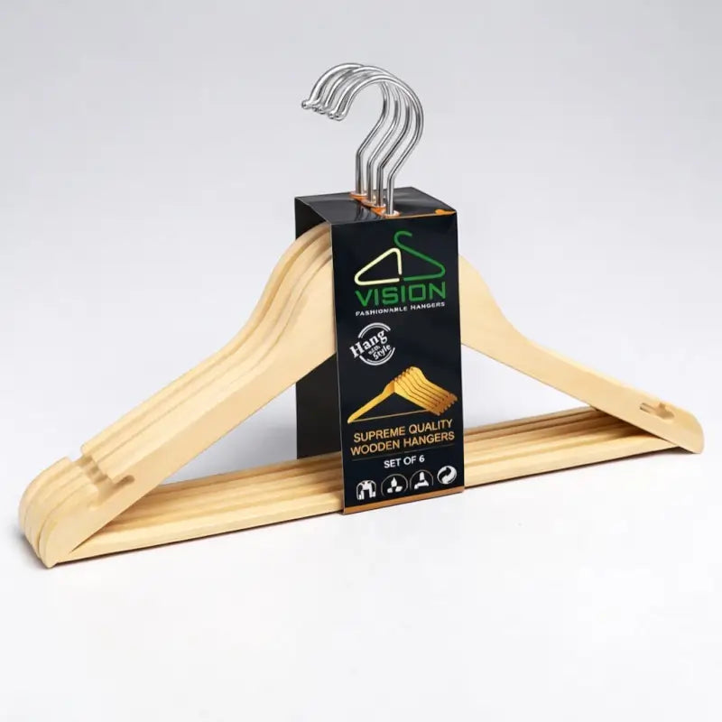 Pack of 6 Wooden Look Hangers | Strong Plastic Clothes Hangers | Space Saving Slim Design Non-Slip Wardrobe Organizer