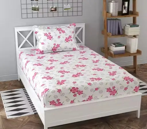 Floral Cotton Fitted Bedsheet – King Size with 2 Pillow Covers