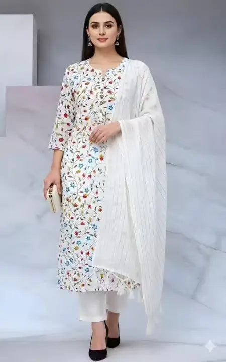 Women’s Cotton Kurta Set – White Printed Kurta with Pant & Dupatta (XXS to XXXL) - Handmade Haven